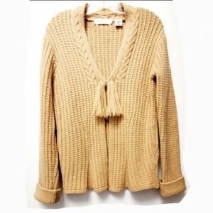 Anthropologie Sleeping On Snow Tan Yellow Lambswool Blend Cardigan Tassels Sz M